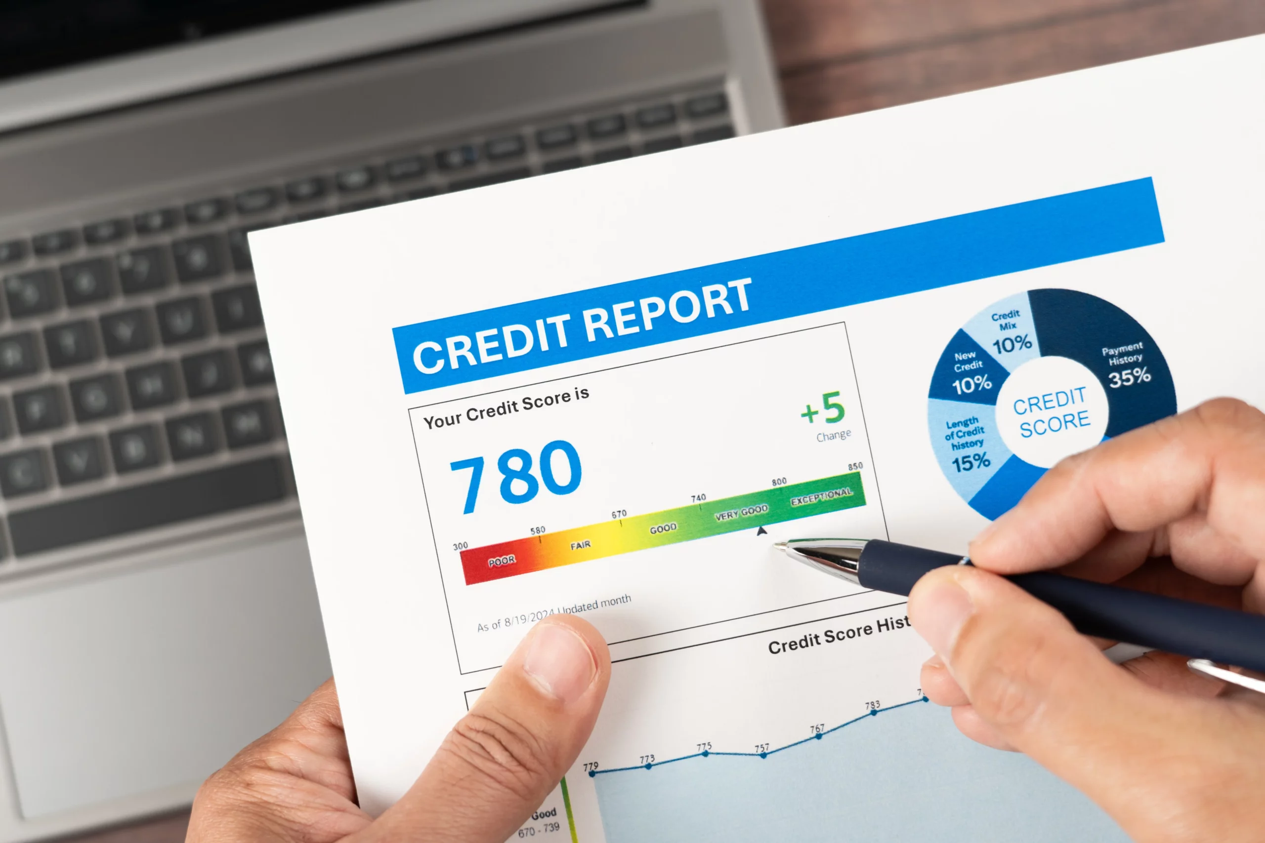 Credit report being reviewed with a pen, representing the impact of Chapter 7 bankruptcy and how long it remains on a credit report.